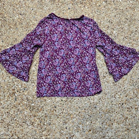 Loft Floral Bell Sleeved Wine-Colored Blouse Size M - Picture 10 of 10